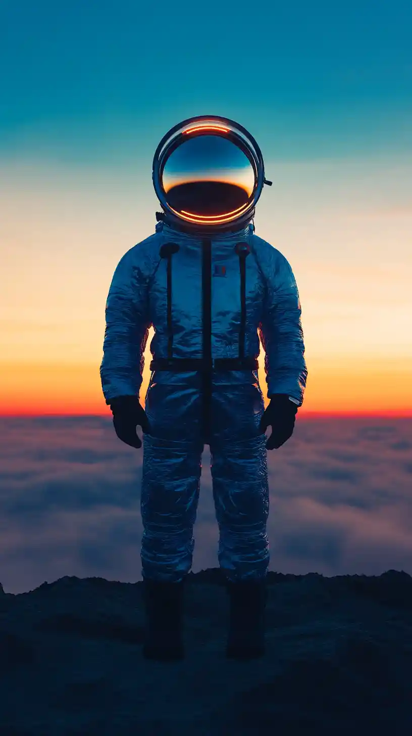 Traje de astronauta azul futurista sob um céu dramático de pôr do sol