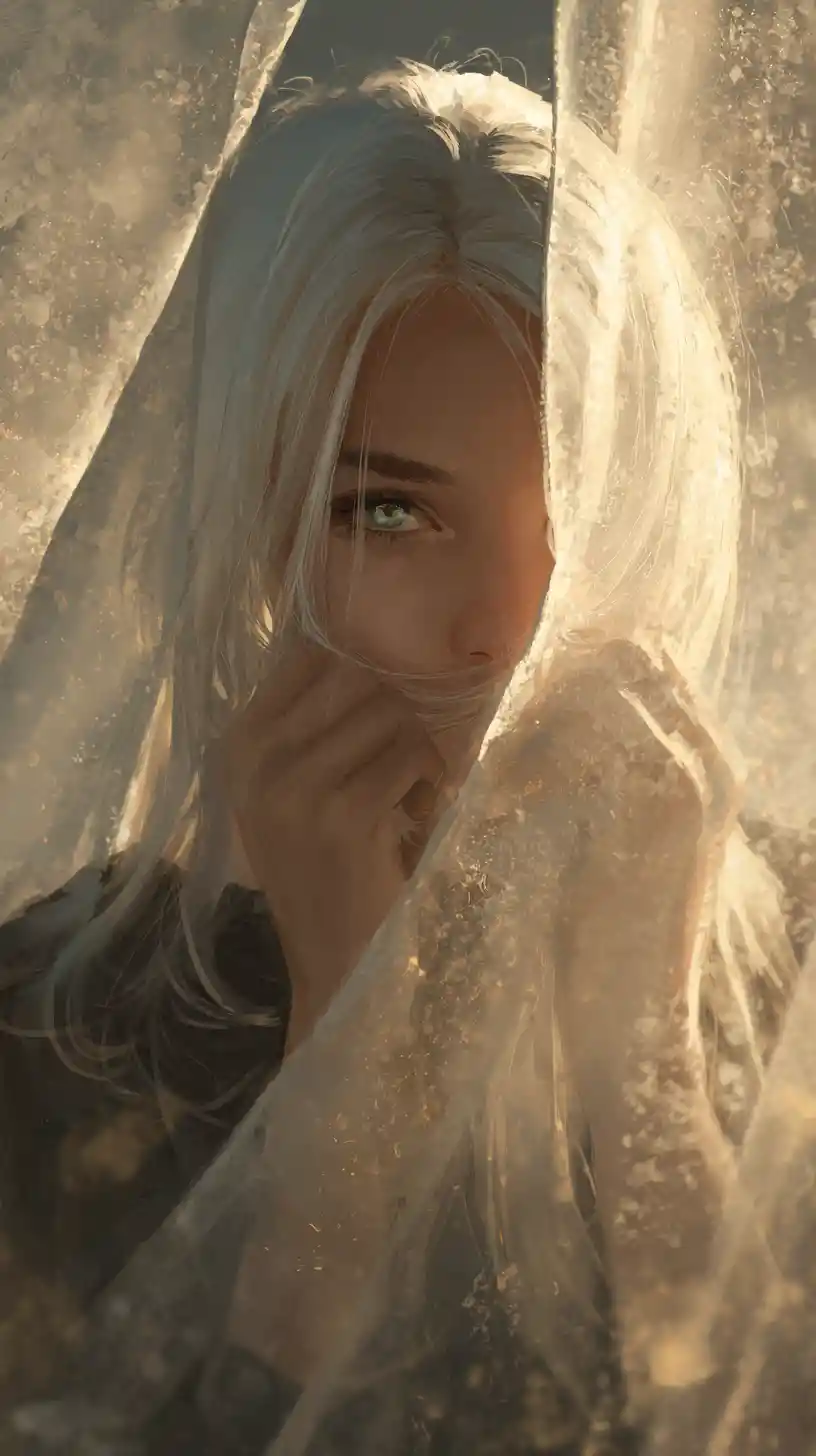 Ethereal white haired woman parting a glowing veil