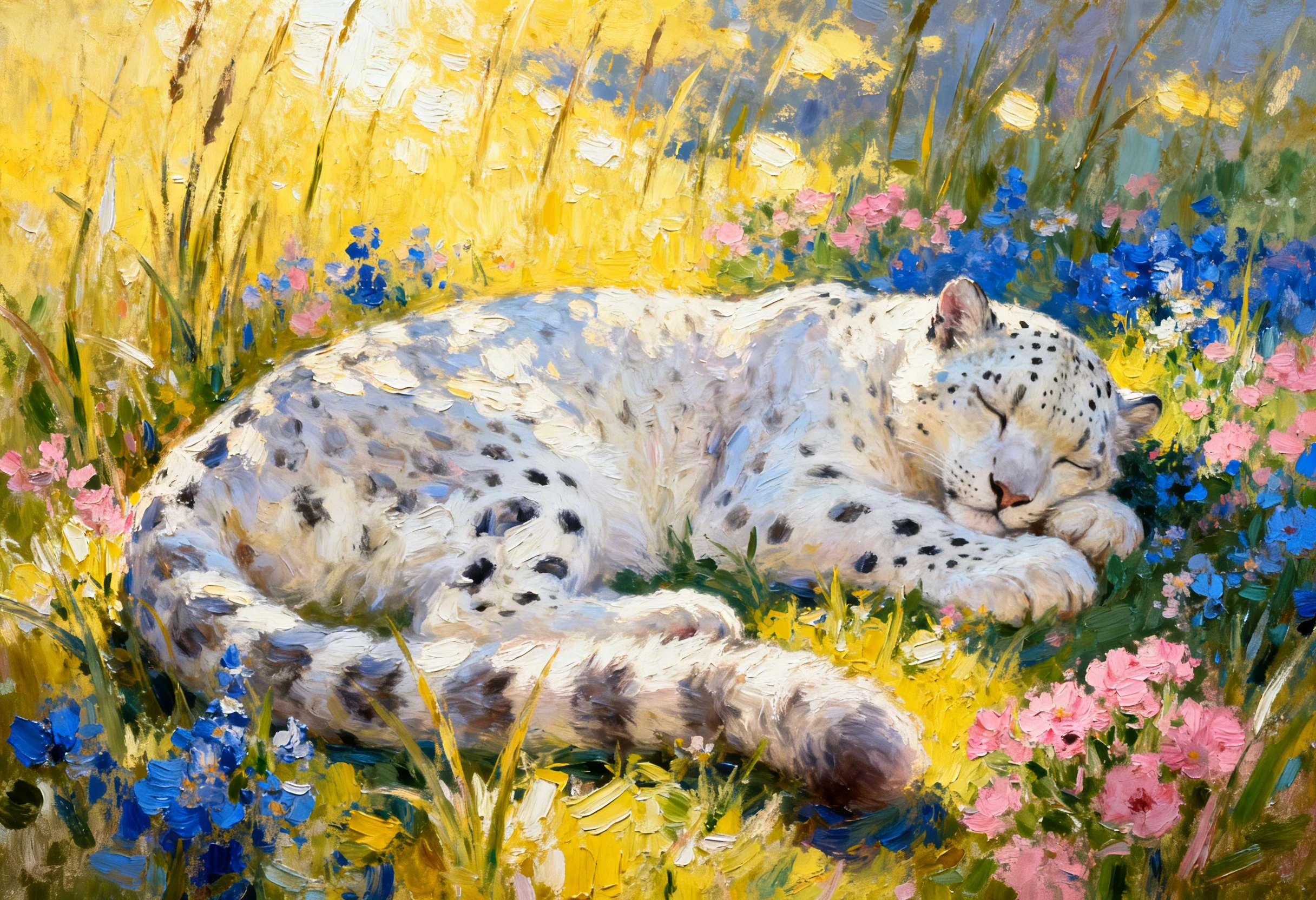 Snow Leopard Sleeping In Wildflower Meadow Painting