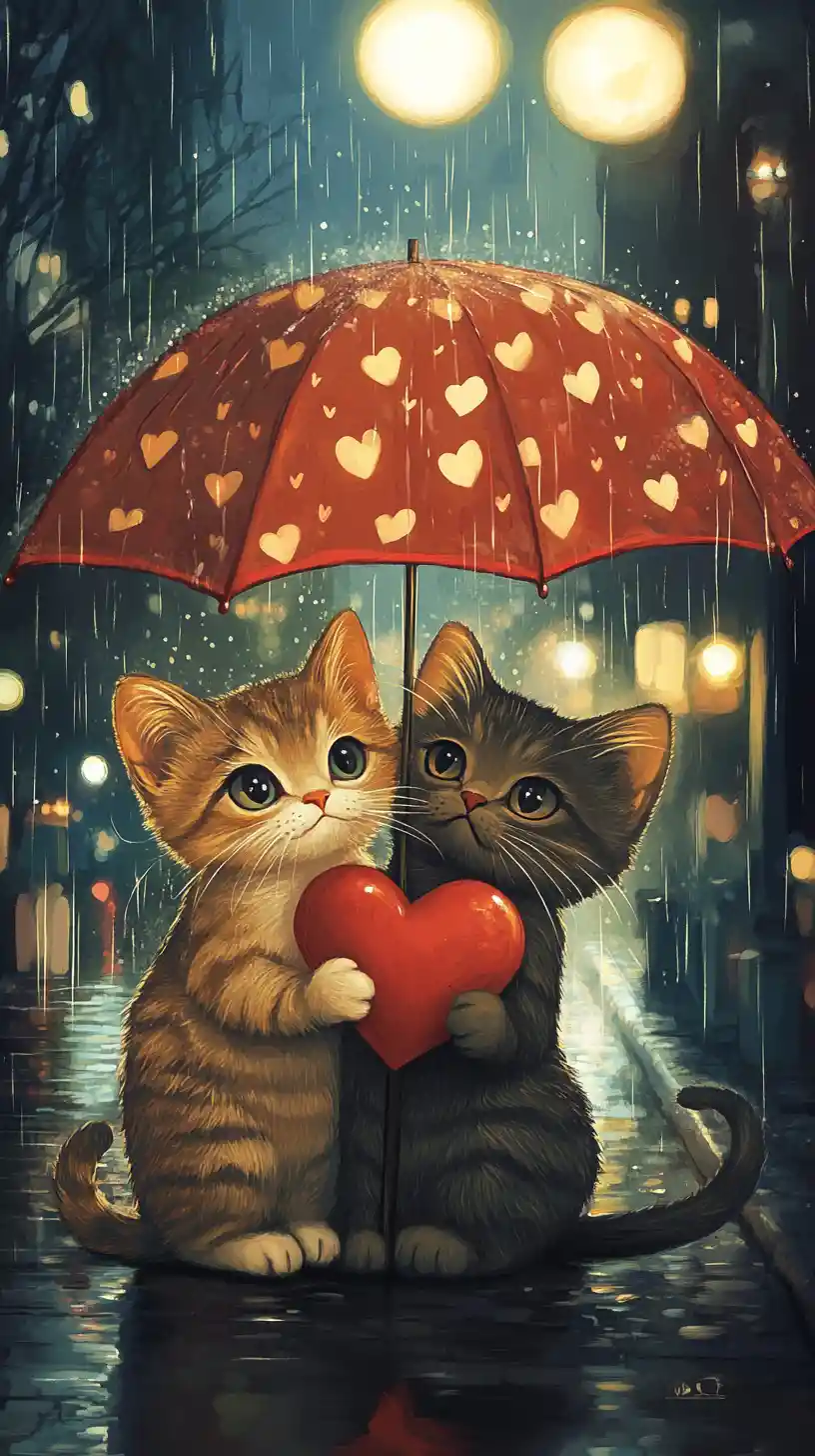 Two cats under a heart umbrella on a rainy city night