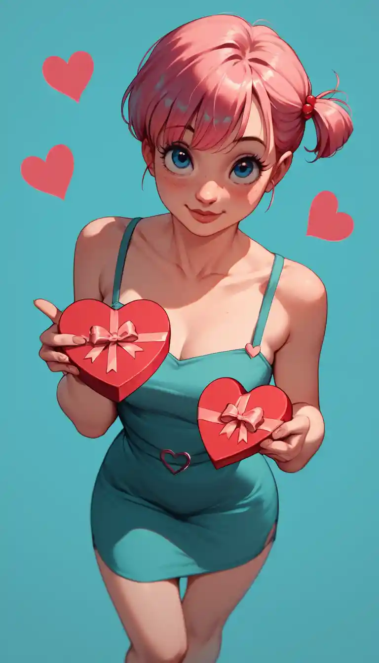 Anime woman with pink hair in sexy valentines dress