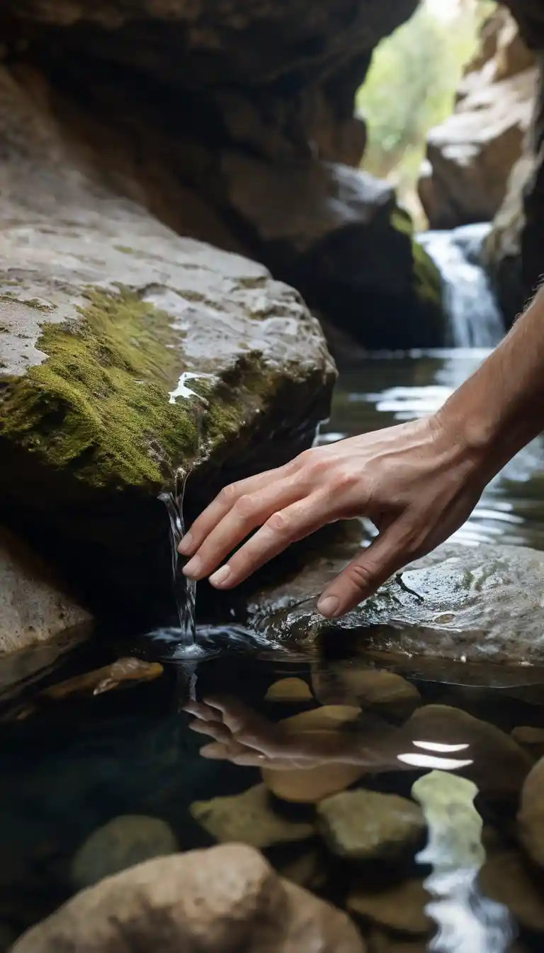 Hand Touching Flowing Spring Water Inside Rocky Cave