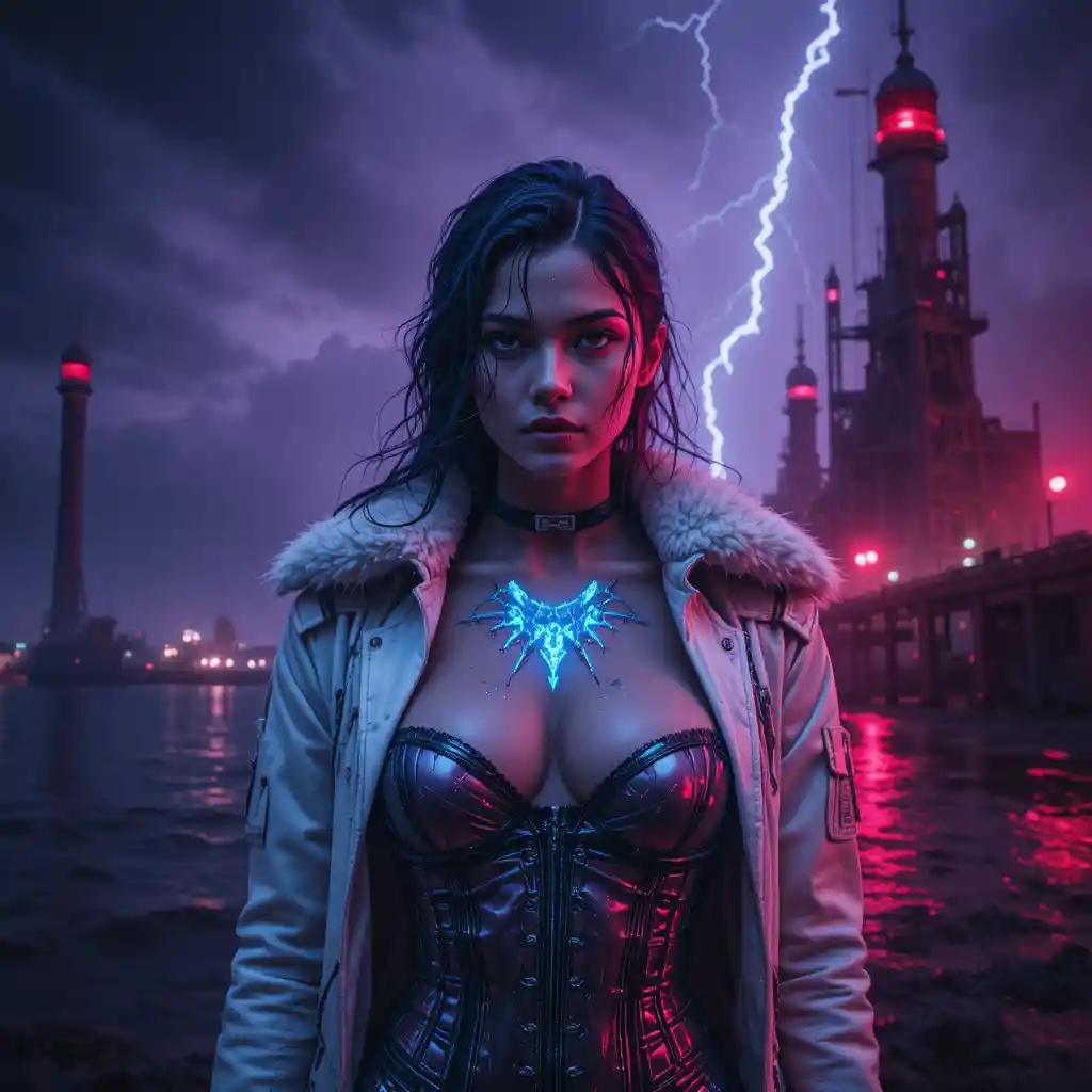 Defiant heroine at a stormy abandoned interstellar port