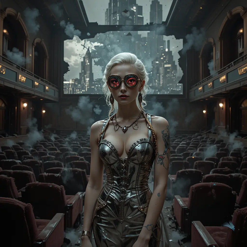 Surreal woman in metallic couture inside abandoned cinema