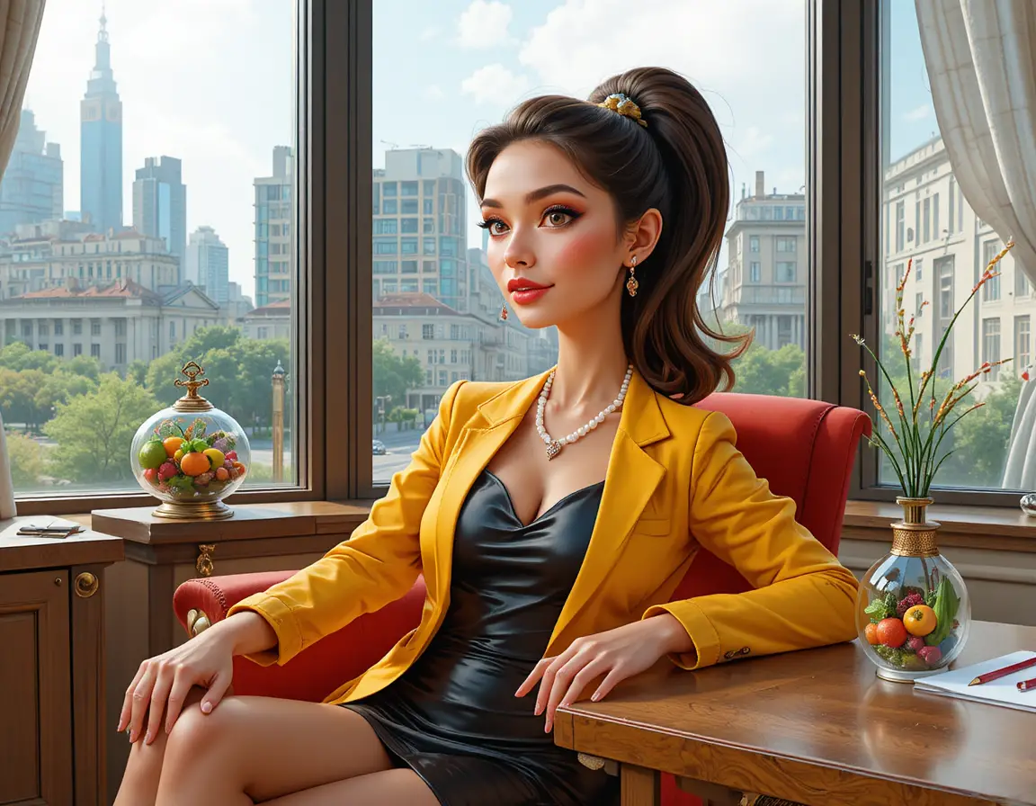 Woman in yellow blazer seated in modern office