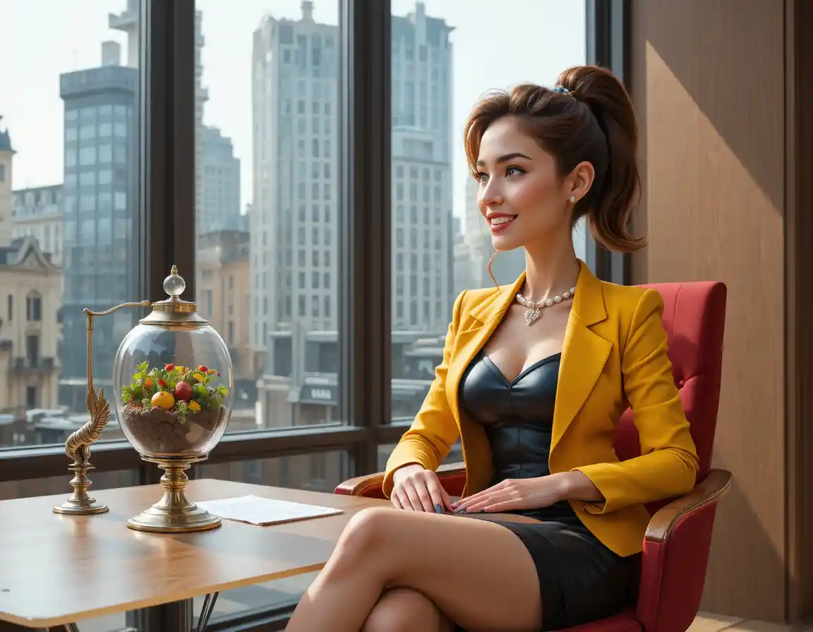 Calm woman in yellow blazer in modern city office