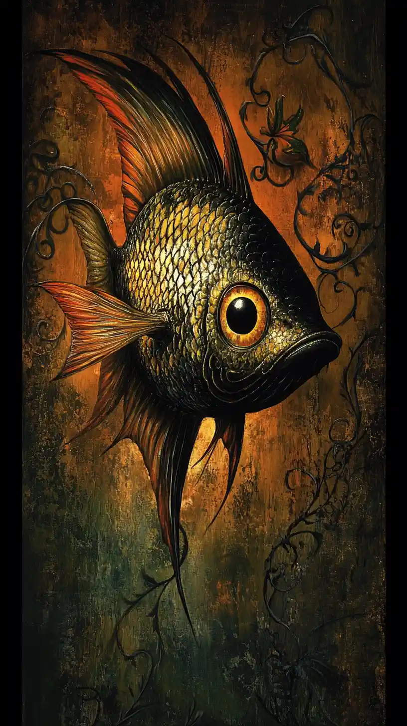 Surreal angelfish emerging from a twisted dark abyss