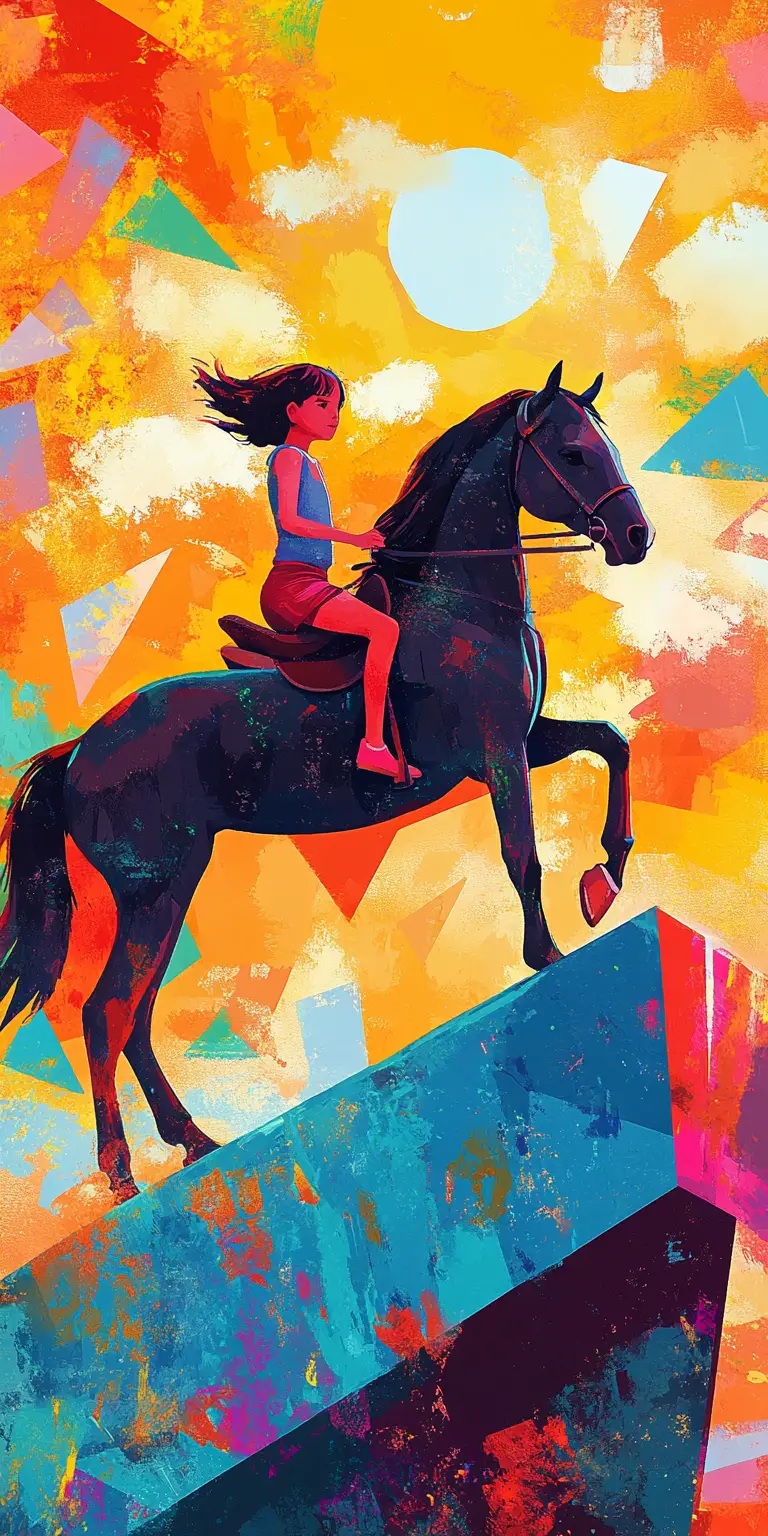 Pop art girl riding a dark horse in retro sunshine