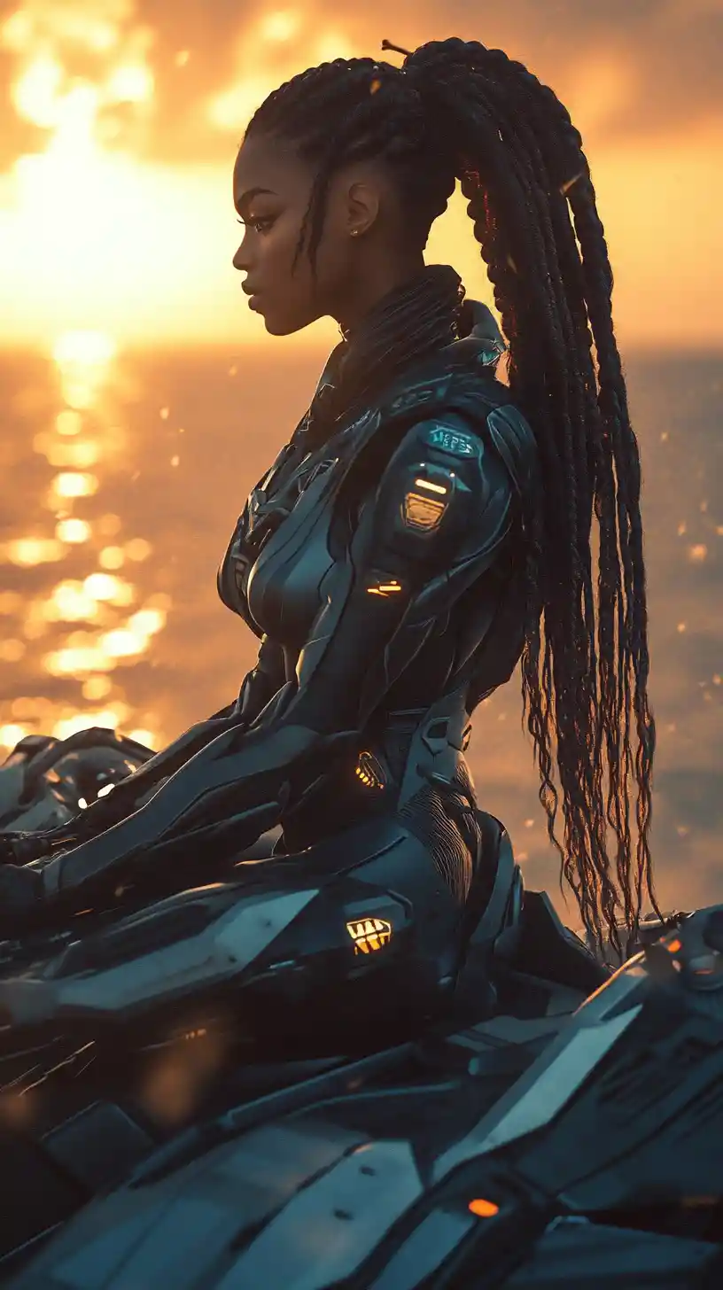 Afrofuturistic warrior girl on mech at ocean sunset