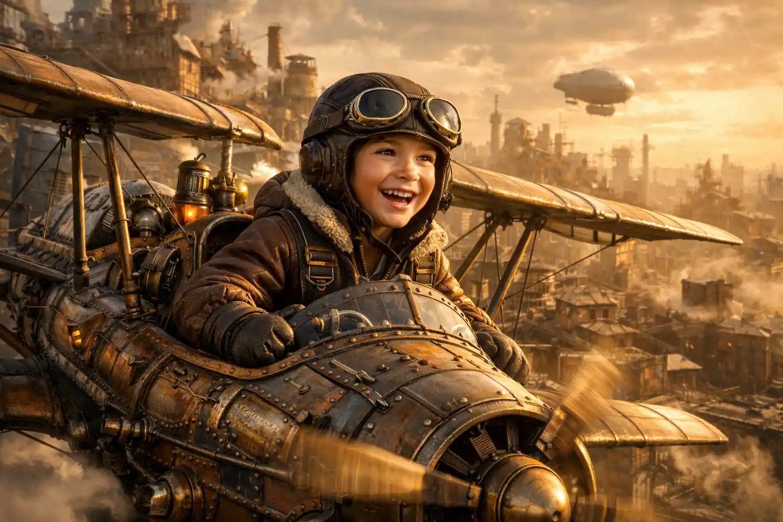 Joven aviador alegre volando sobre una ciudad steampunk