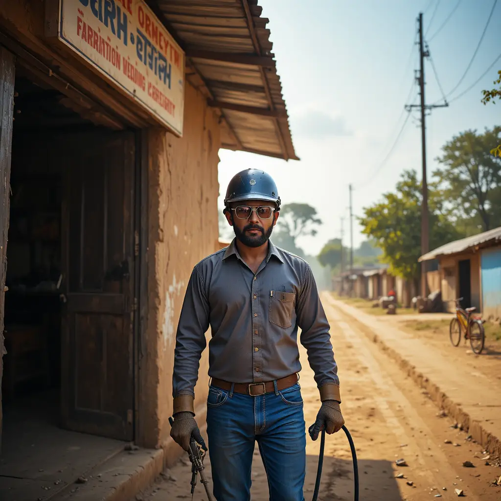 Rural Indian welder stepping out of village workshop