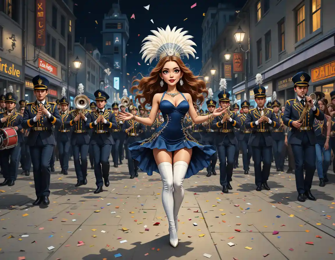 Woman leading a vibrant night parade performance
