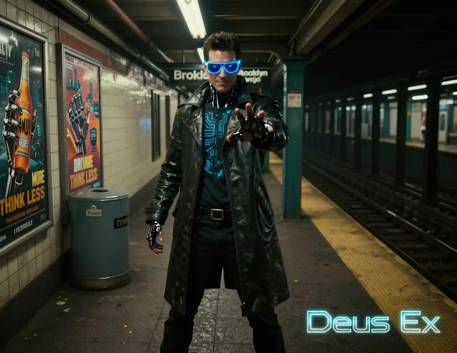 Augmented detective posing on a dim subway platform