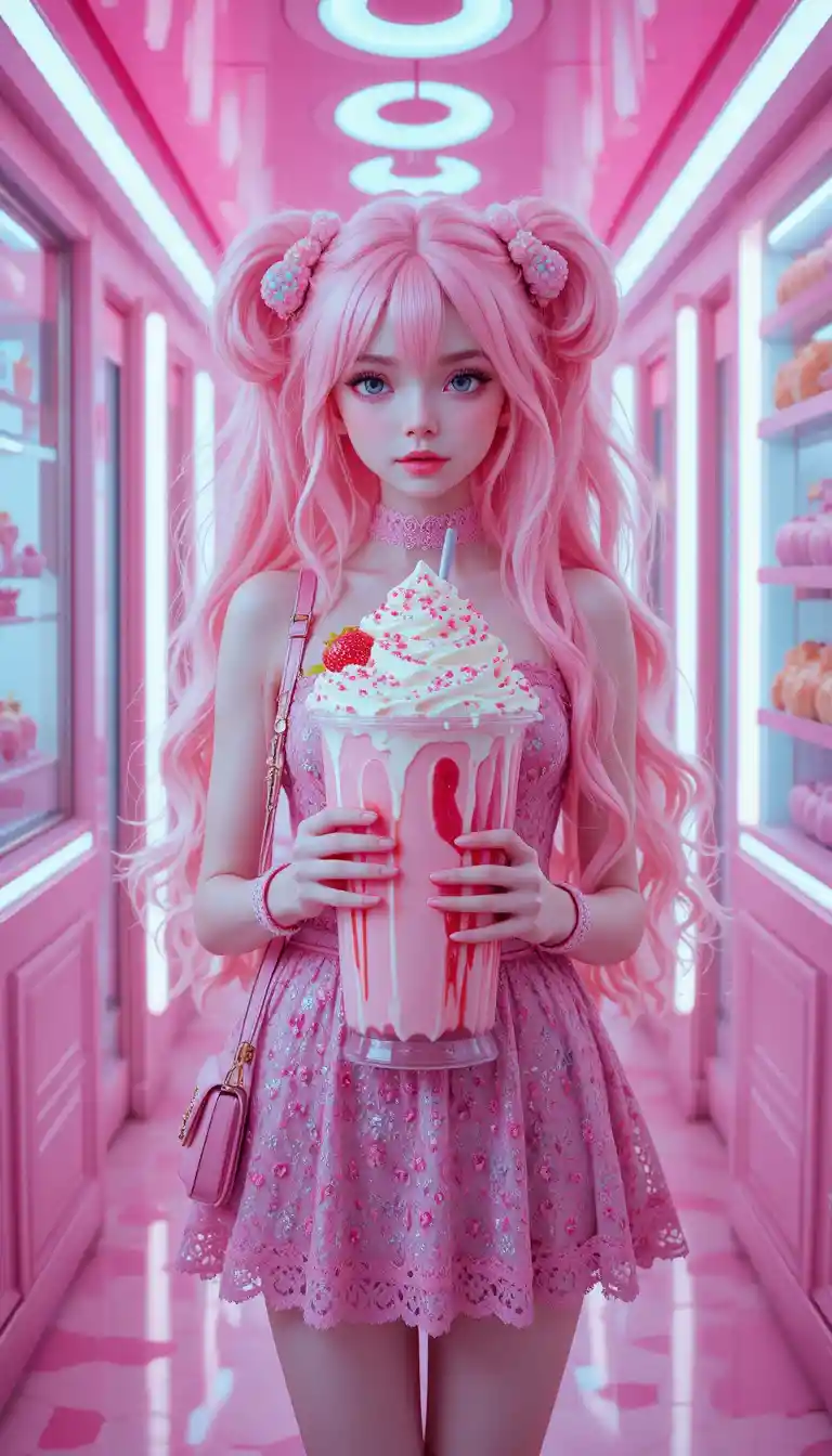 Pastel pink anime girl in glowing dessert hallway