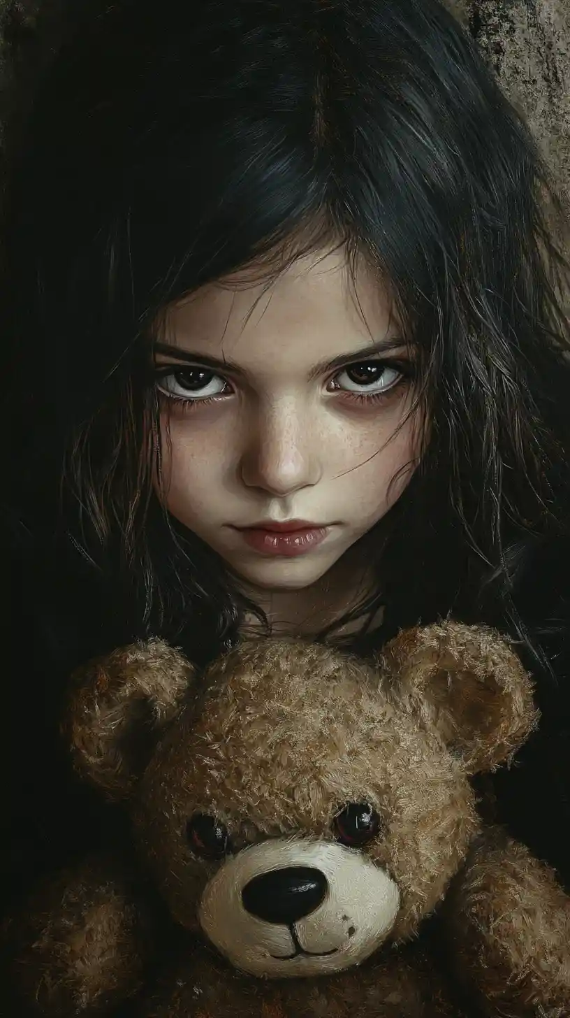 Melancholic girl with teddy bear in gothic close up portrait