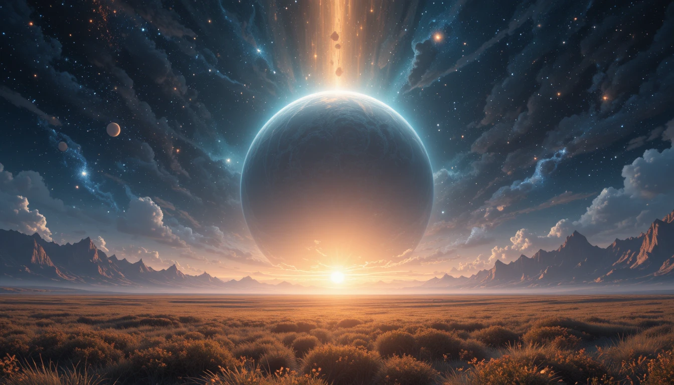 Planeta de anime radiante sobre un vasto campo estelar brillante