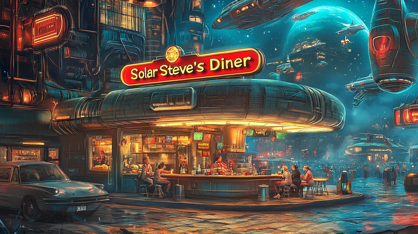 Retro space diner with family ships and rocket boot servers