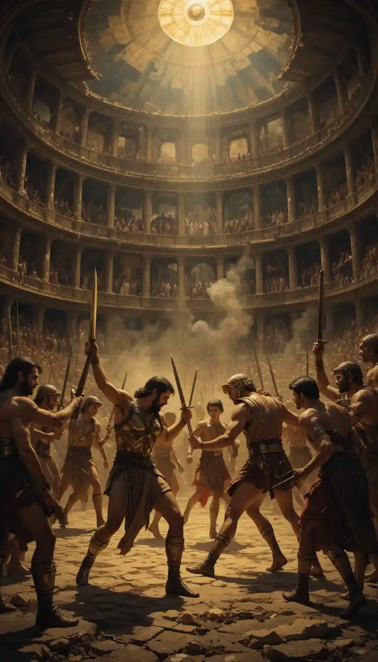 Gladiators Clash With Short Swords In A Dark Colosseum