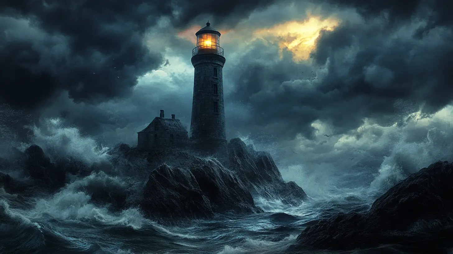 Dark fantasy lighthouse on stormy rocky coastline at twilight