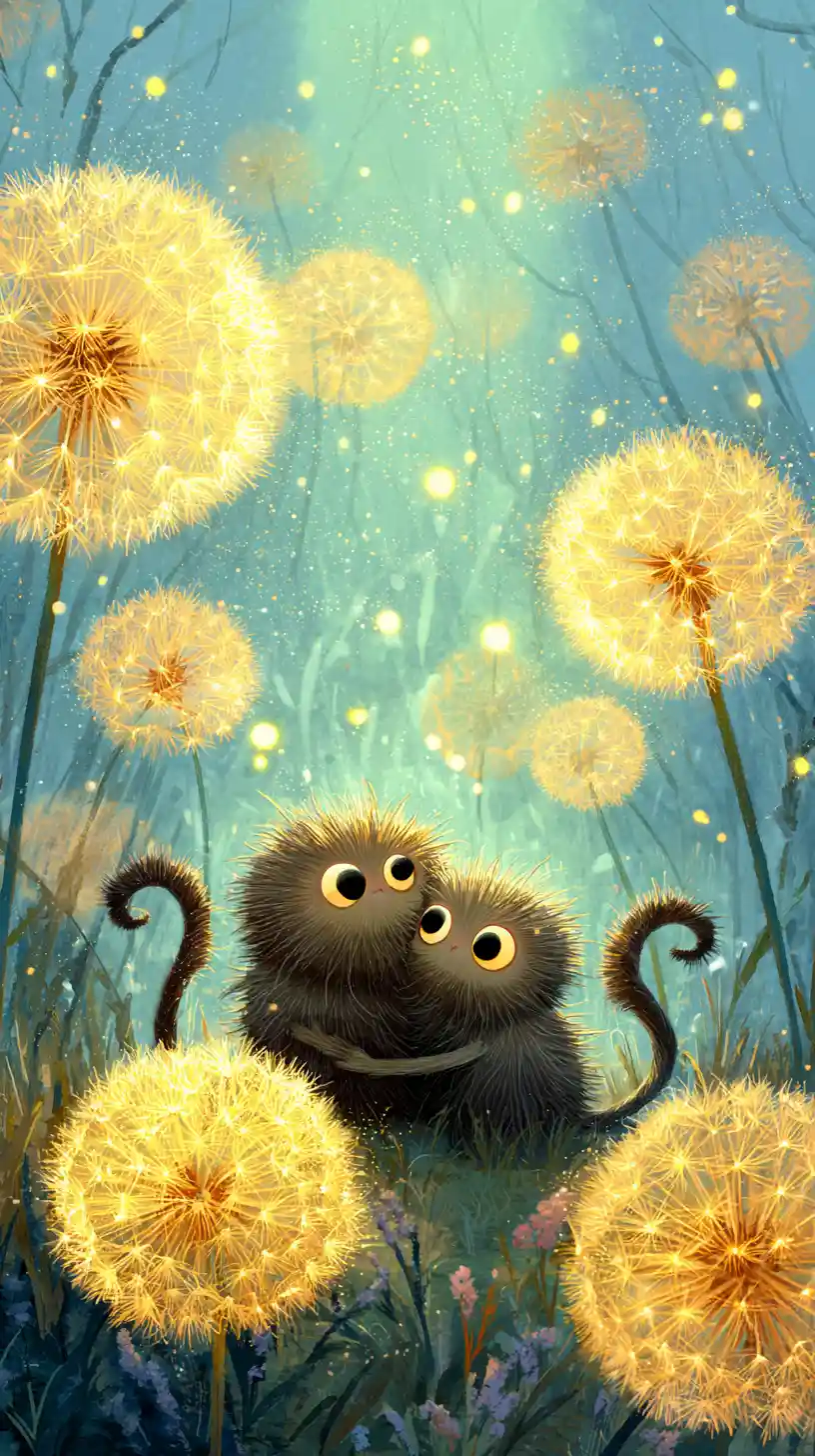 Two fantasy creatures hugging in a glowing dandelion meadow