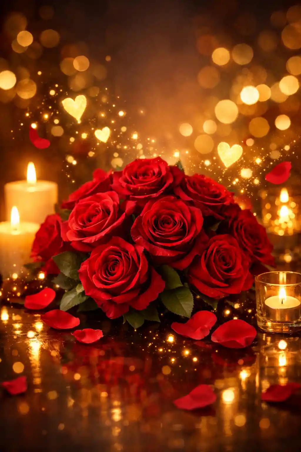 Romantische rote Rosen mit Kerzenschein und leuchtenden Herzen