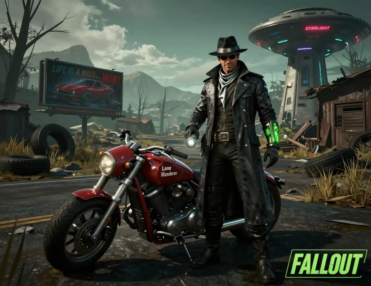 Sci fi detective with motorcycle in ruined wasteland