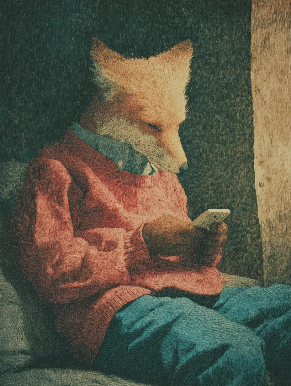 Anthropomorphic fox texting on a phone in pink sweater