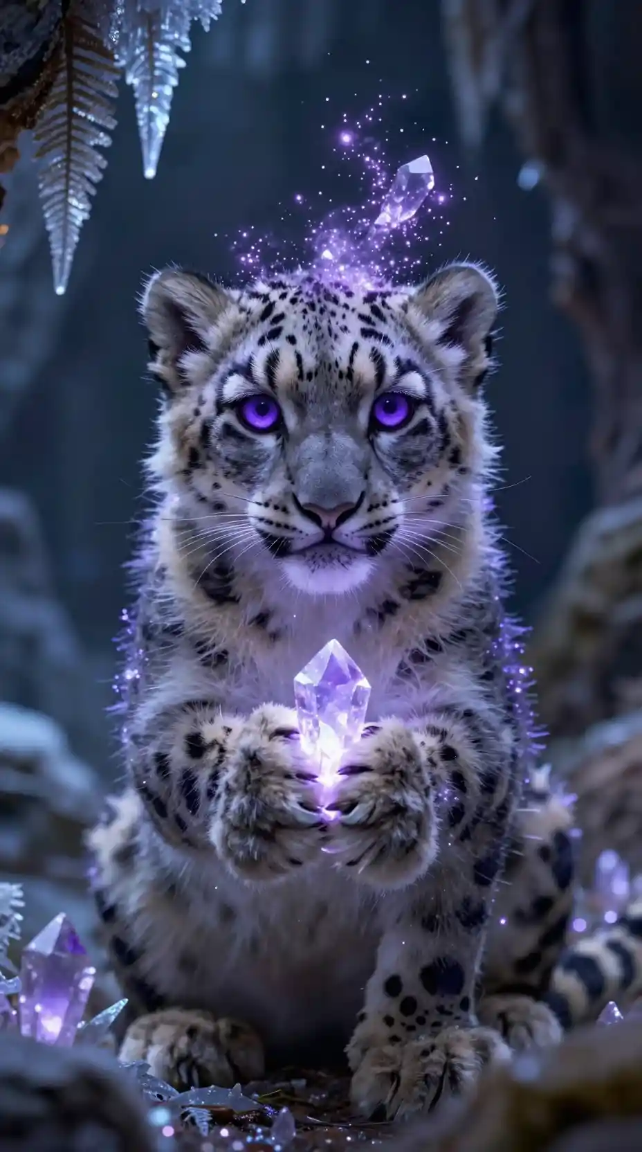 Bioluminescent snow leopard cub in a moonlit ice cave
