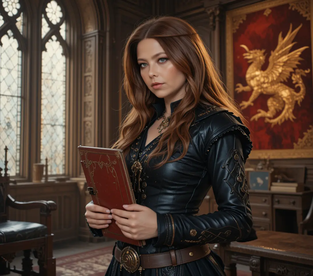 Red haired assassin woman in a gothic castle interior