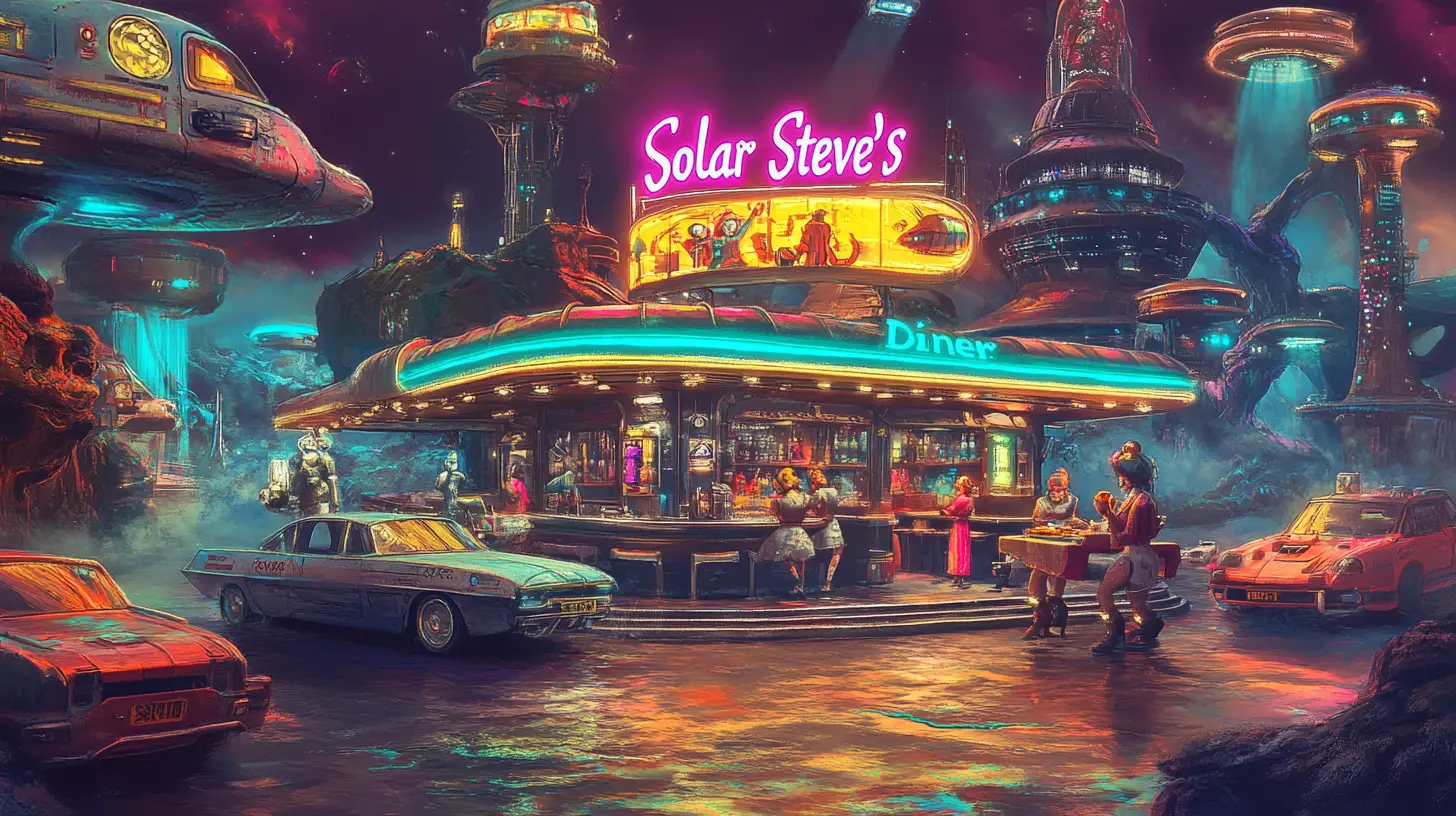 Retro space diner with rocket boot waitresses serving ships