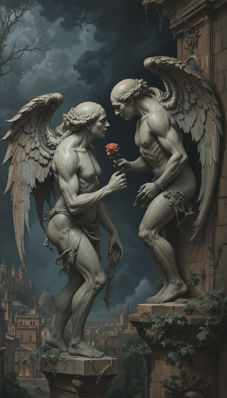 Gargoyle di pietra che offre una rosa in cima a una torre cittadina
