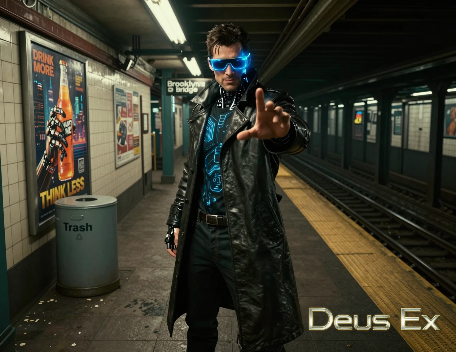 Cyberpunk-Detektiv auf düsterem U-Bahnsteig greift nach vorn