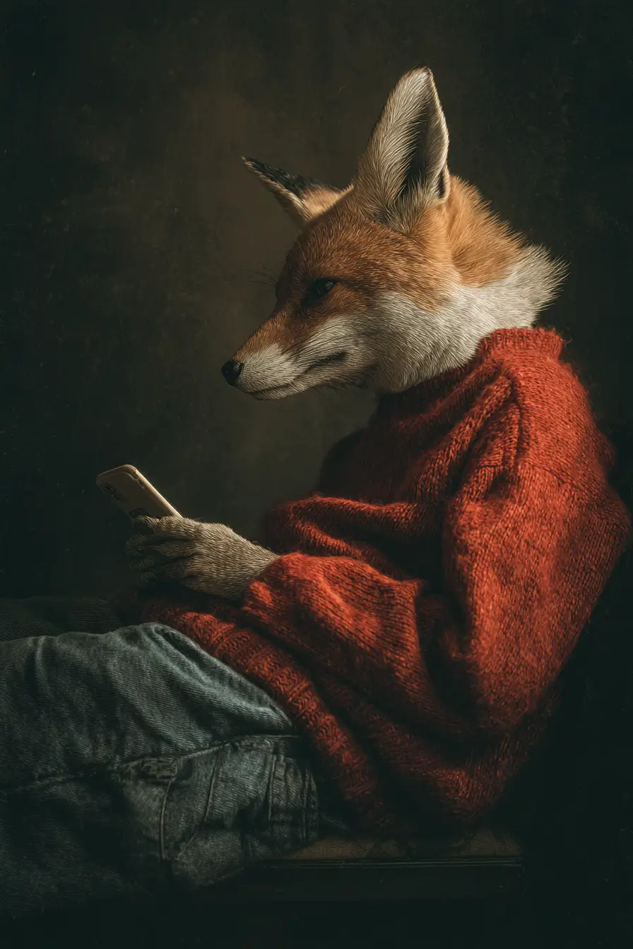Anthropomorphic fox in red sweater texting on smartphone