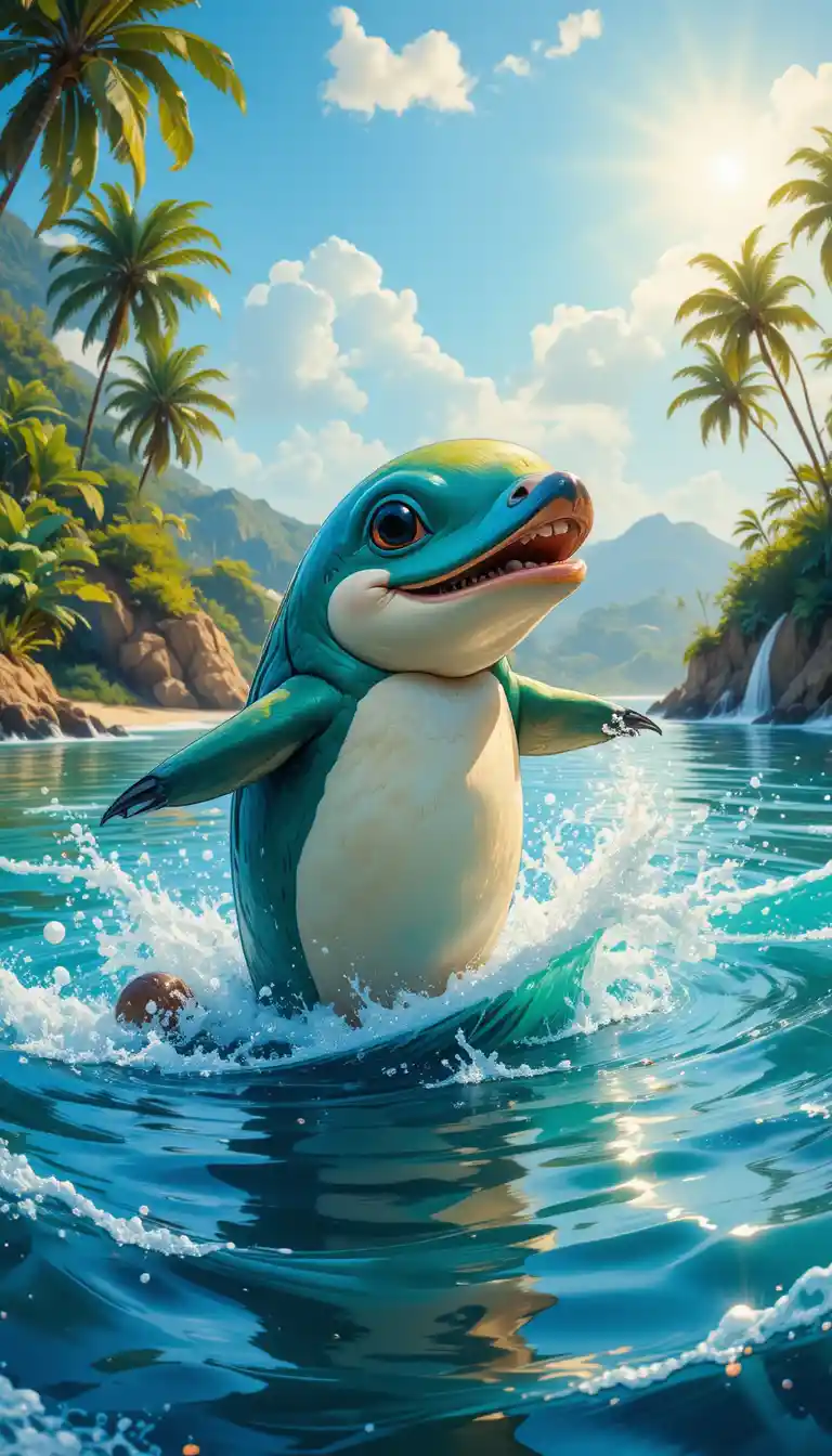 Joyful dolphin leaping in glowing tropical ocean waters