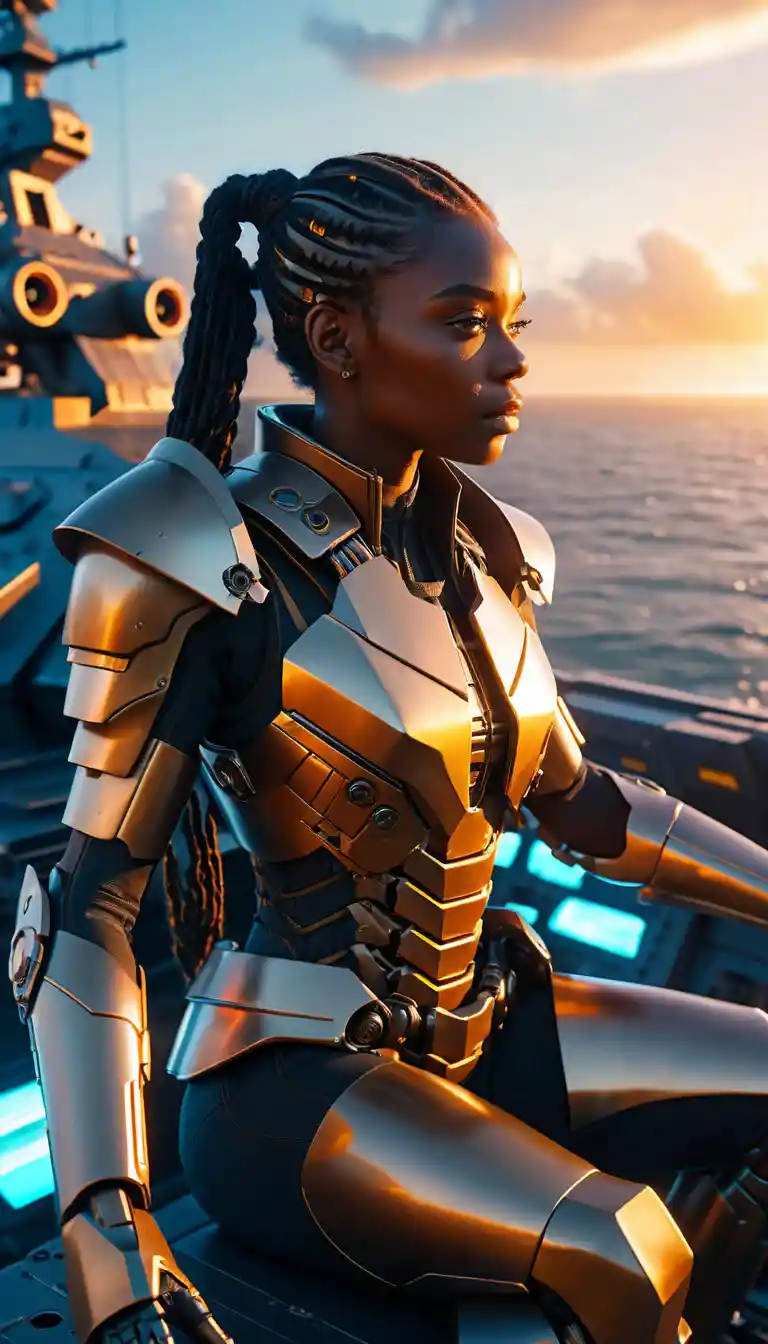Chica guerrera afrofuturista sobre un mecha en la costa al atardecer