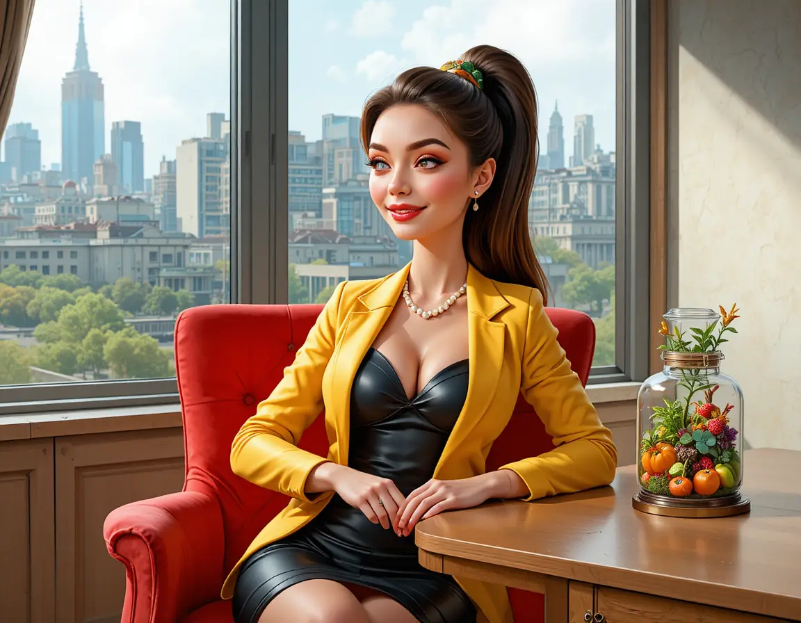 Calm woman in yellow blazer seated in modern office