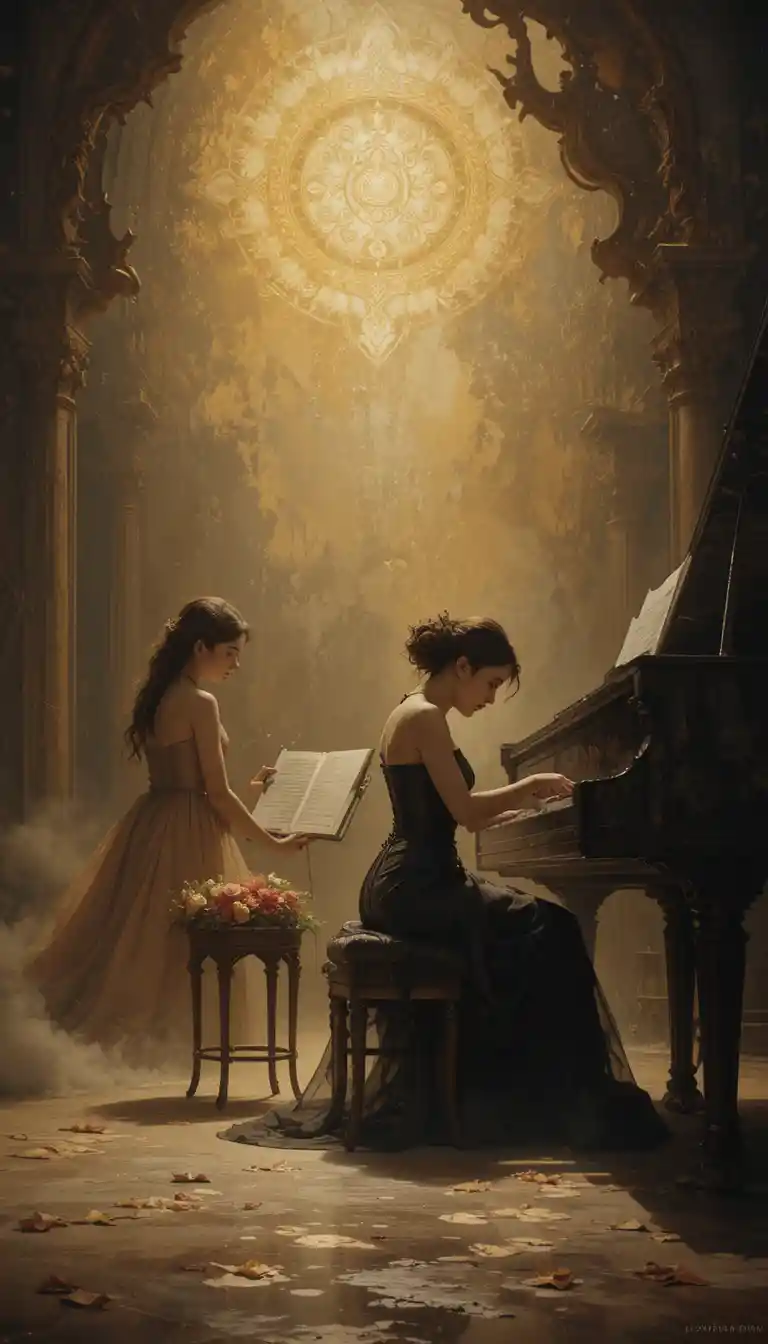 Violoncellista e pianista che si esibiscono su un palco poco illuminato