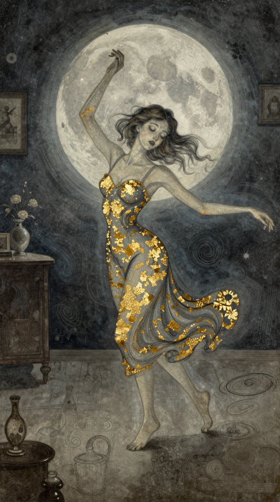 Donna che danza gioiosamente in una stanza vintage illuminata dalla luna