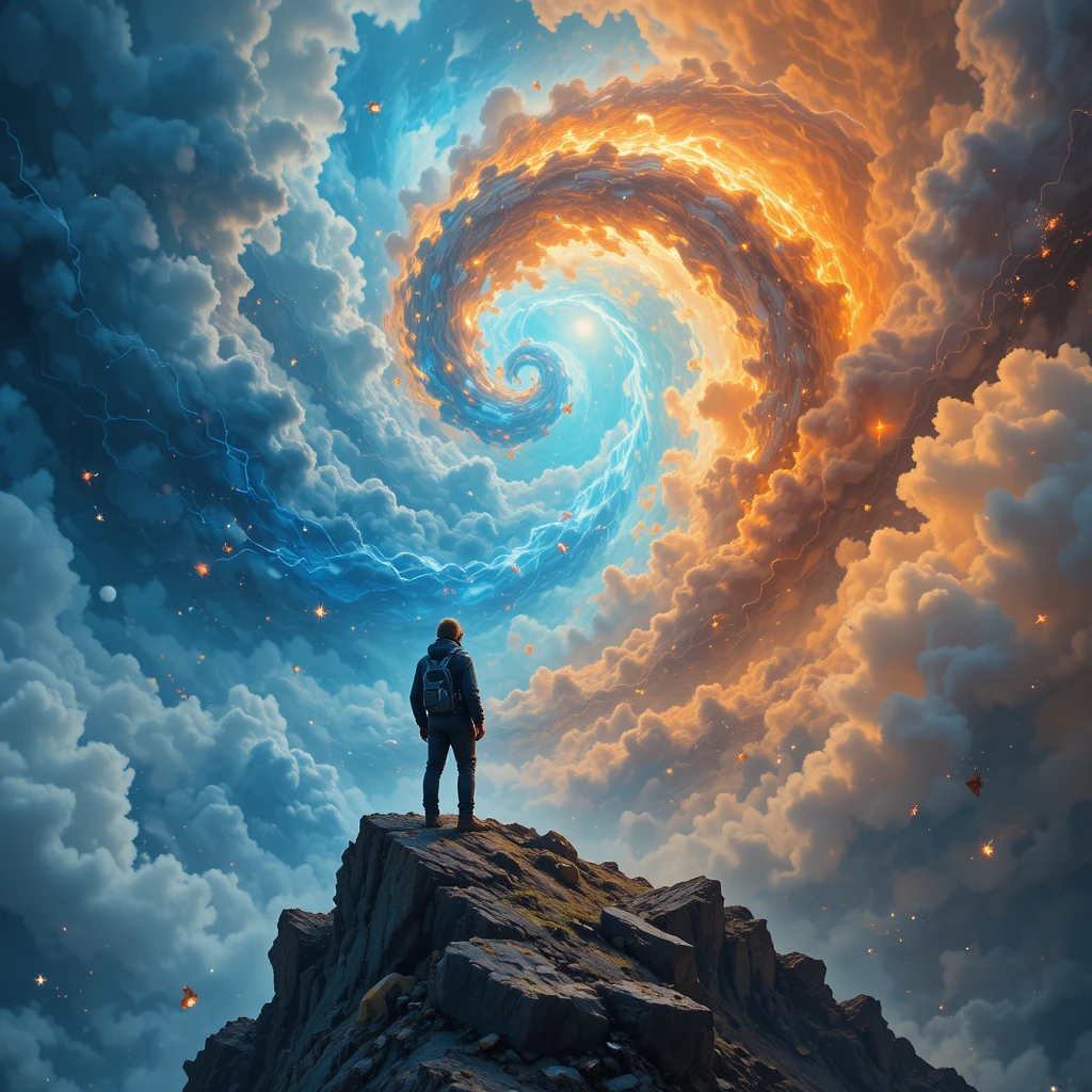 Montañista al borde de un paisaje cuántico surrealista