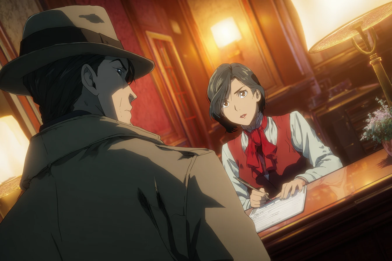 Anime-Detektiv verhört Angestellten in dunkler Hotellobby