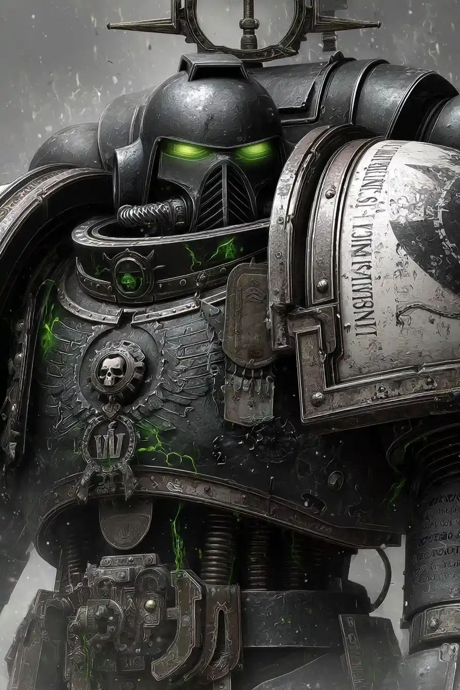 Deathwatch commander fused with alien armor in ruins