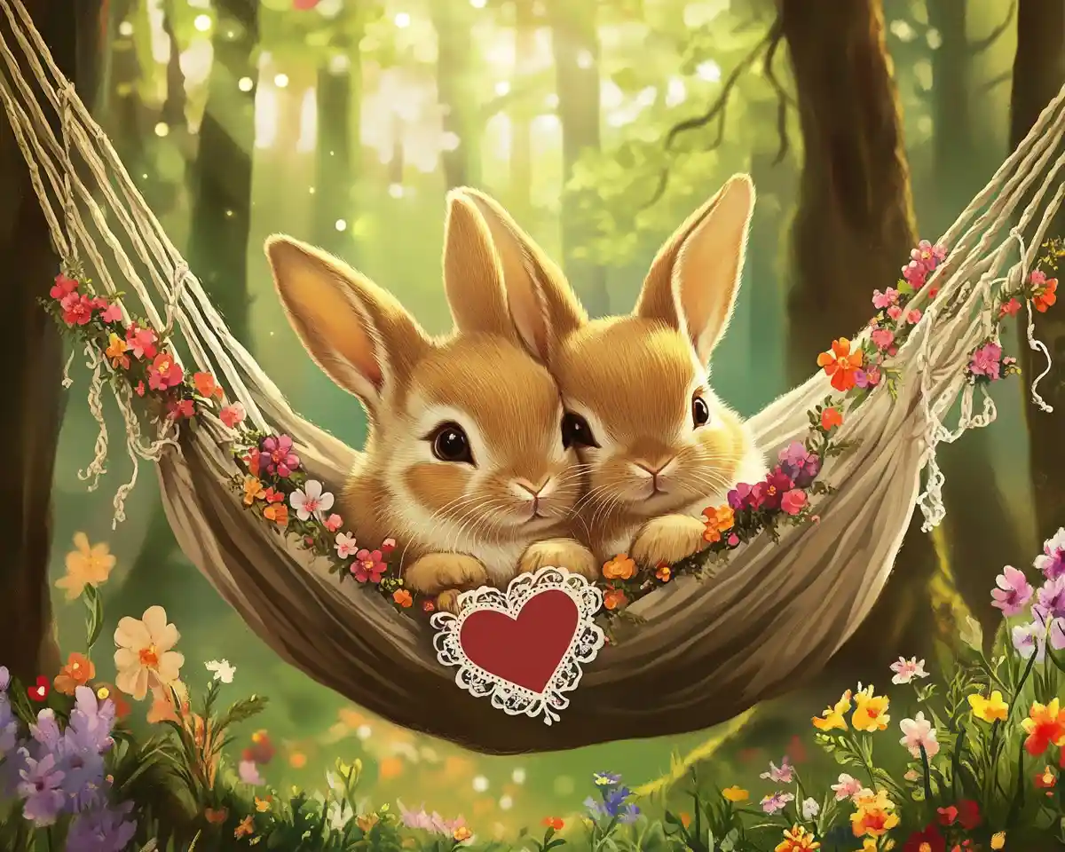 Two rabbits cuddling together in a hammock