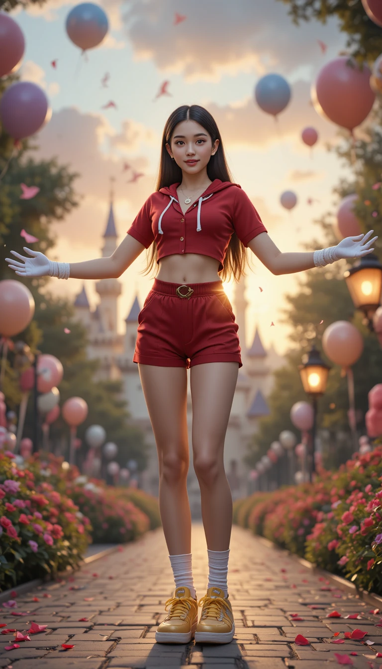 Chico de anime alegre con sudadera roja en parque de fantasía