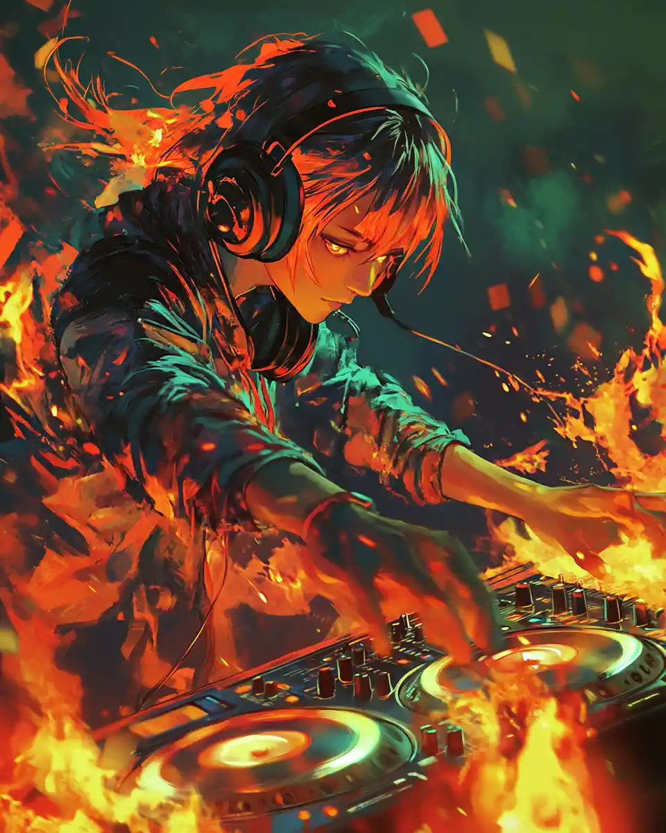 Anime DJ unleashing fierce techniques with blazing energy
