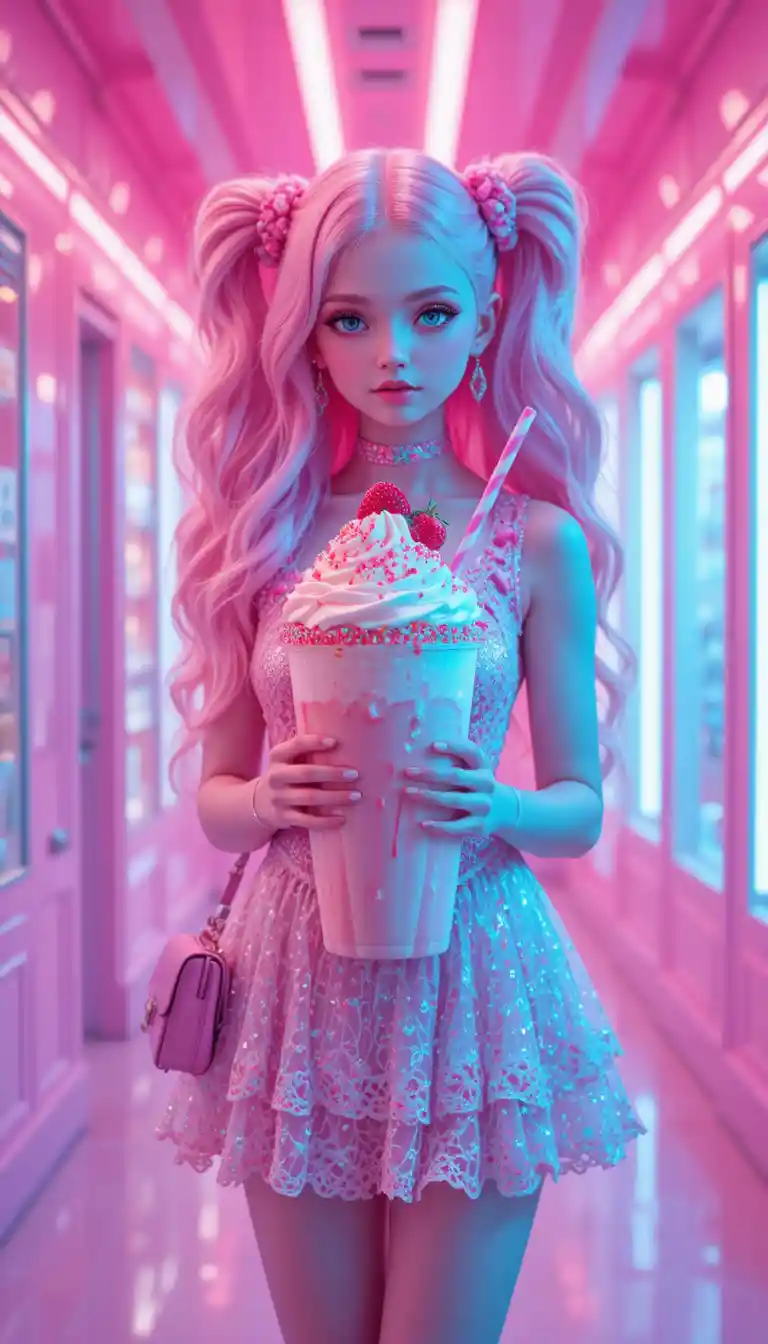 Pastel pink anime girl in glowing dessert hallway