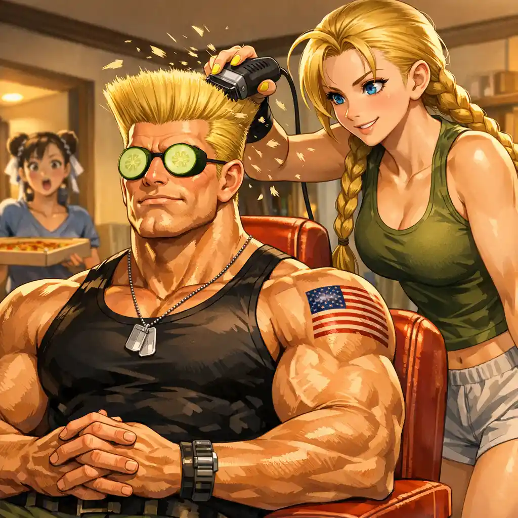 Uomo muscoloso in stile anime che fa un taglio flattop in appartamento