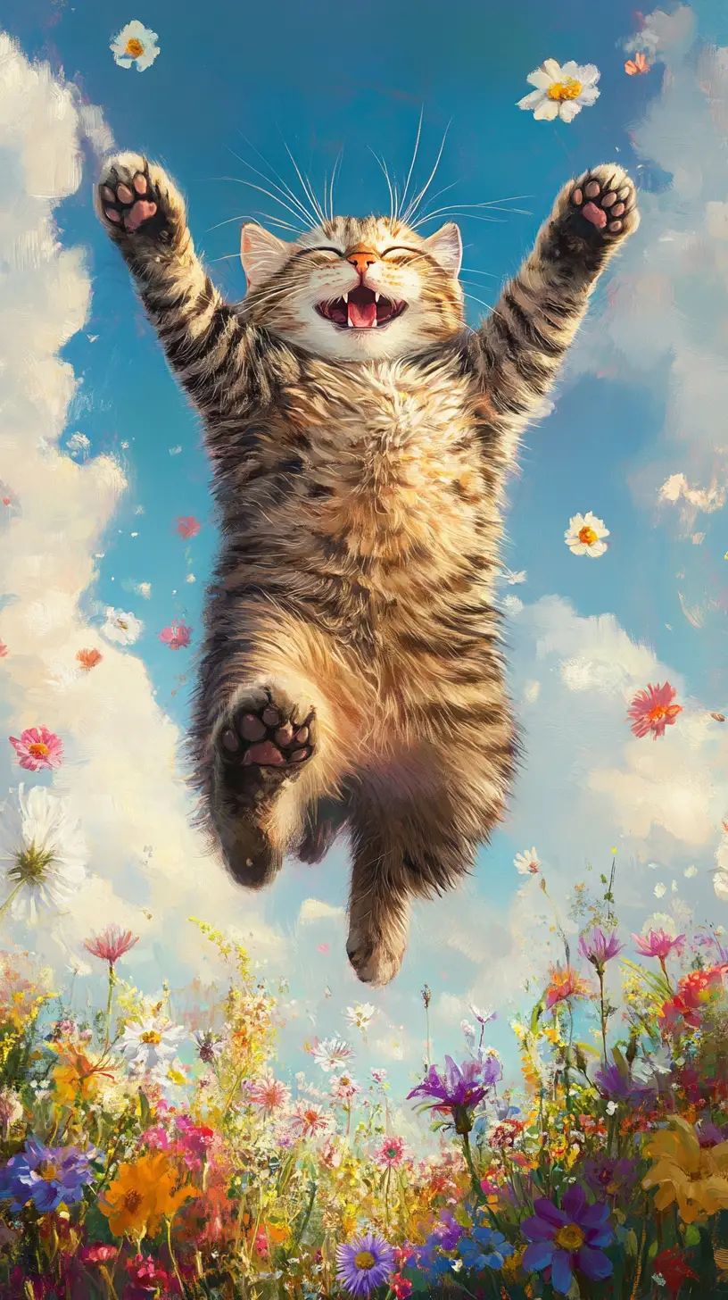 Joyful jumping cat in a bright wildflower meadow