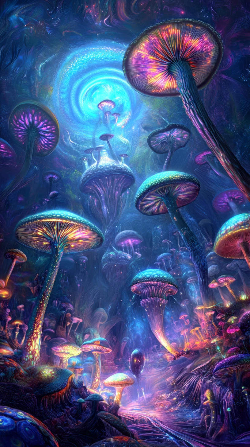 Surreal alien creatures dancing under glowing skies