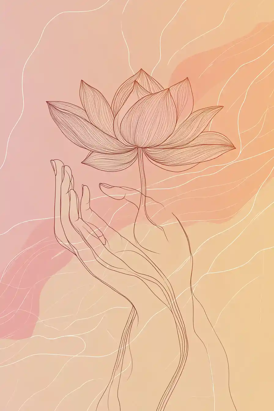 Elegant line drawing of a hand holding a lotus flower