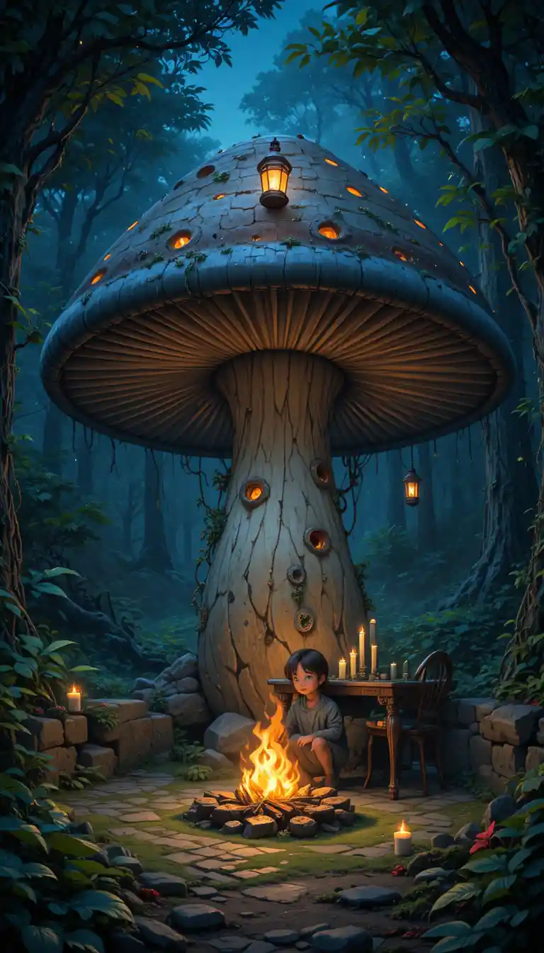Children by a glowing campfire under a giant forest mushroom